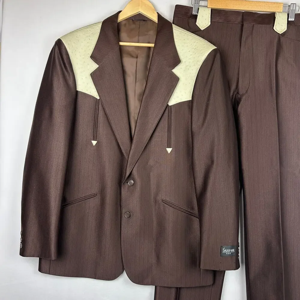 Saxifon Western Faux Ostrich Leather Suit Jacket Pants Brown/Ivory Men's 42/36